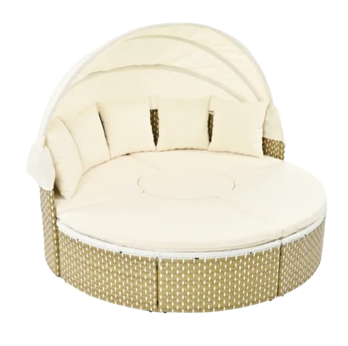 TOPMAX Patio Furniture Round Outdoor Sectional Sofa Set Rattan Daybed Two-Tone Weave Sunbed with Retractable Canopy, Separate Seating and Removable Cushion, Beige