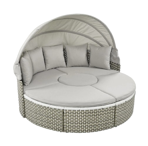 TOPMAX Patio Furniture Round Outdoor Sectional Sofa Set Rattan Daybed Two-Tone Weave Sunbed with Retractable Canopy, Separate Seating and Removable Cushion, Gray