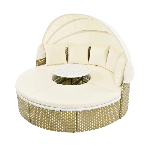 TOPMAX Patio Furniture Round Outdoor Sectional Sofa Set Rattan Daybed Two-Tone Weave Sunbed with Retractable Canopy, Separate Seating and Removable Cushion, Beige