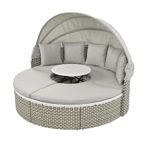 TOPMAX Patio Furniture Round Outdoor Sectional Sofa Set Rattan Daybed Two-Tone Weave Sunbed with Retractable Canopy, Separate Seating and Removable Cushion, Gray