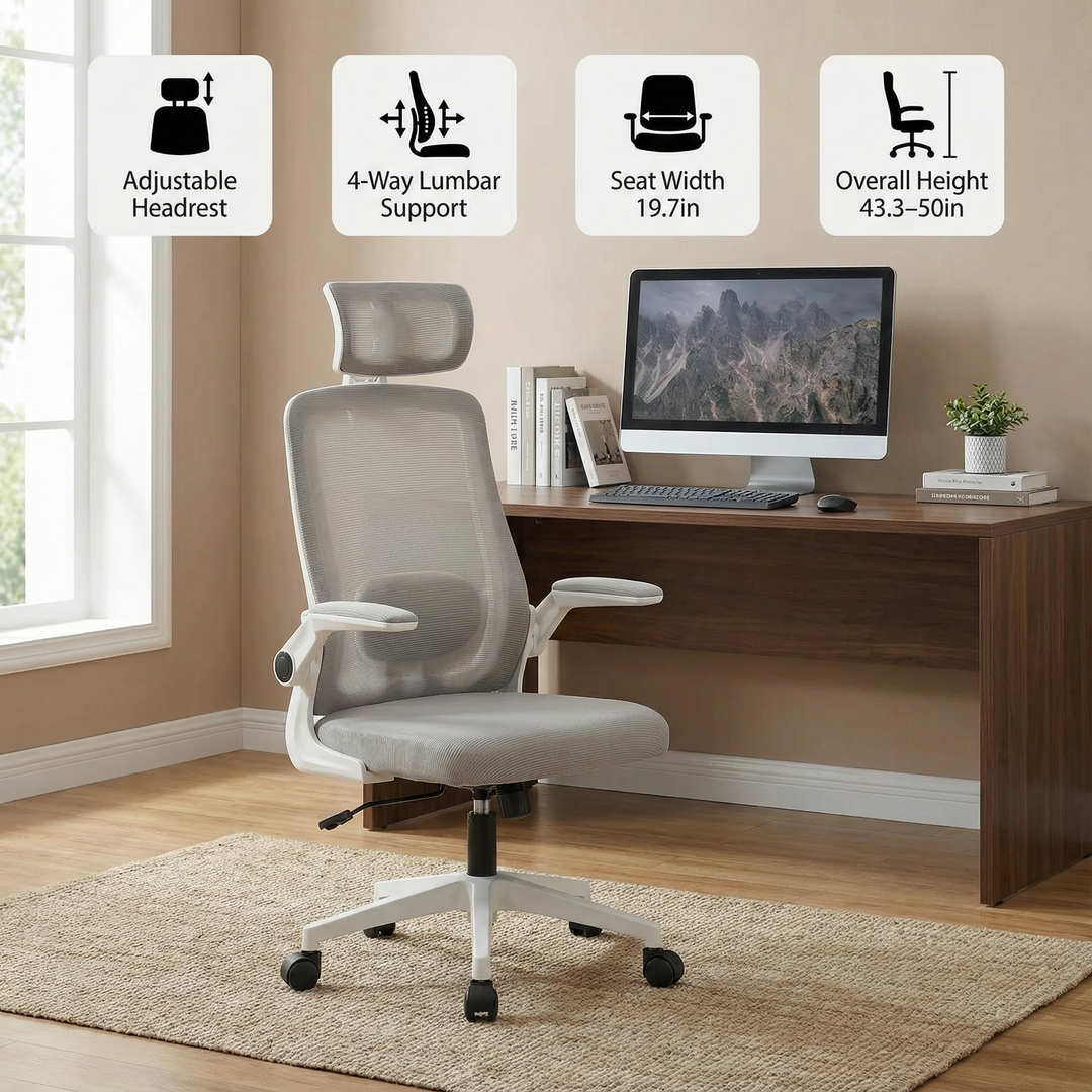 Ergonomic Mesh Office Chair with Rotatable Headrest – Adjustable Lumbar & Flip-Up Arms | Home Executive Desk Chair | Trufairs