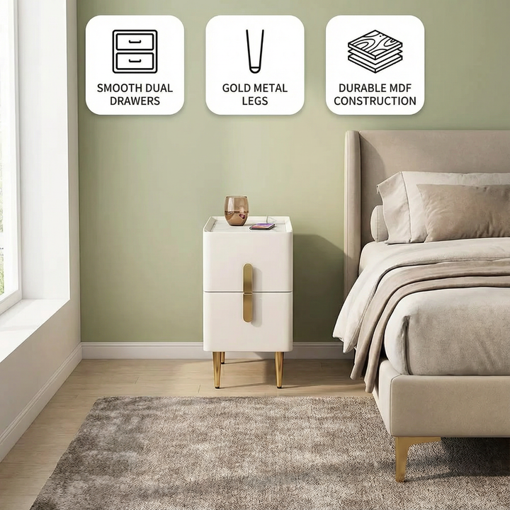 Modern Beige Nightstand Bedside Table with 2 Drawers in Gold Legs | Trufairs