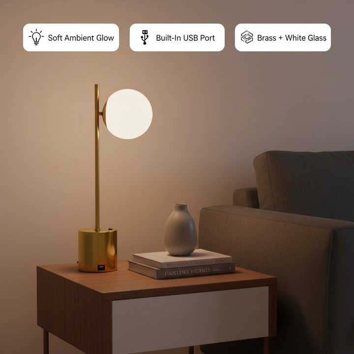 Ethereal Modern Small Brass Metal Table Lamp, Desk Lamp Fixture with White Glass Globe Shade