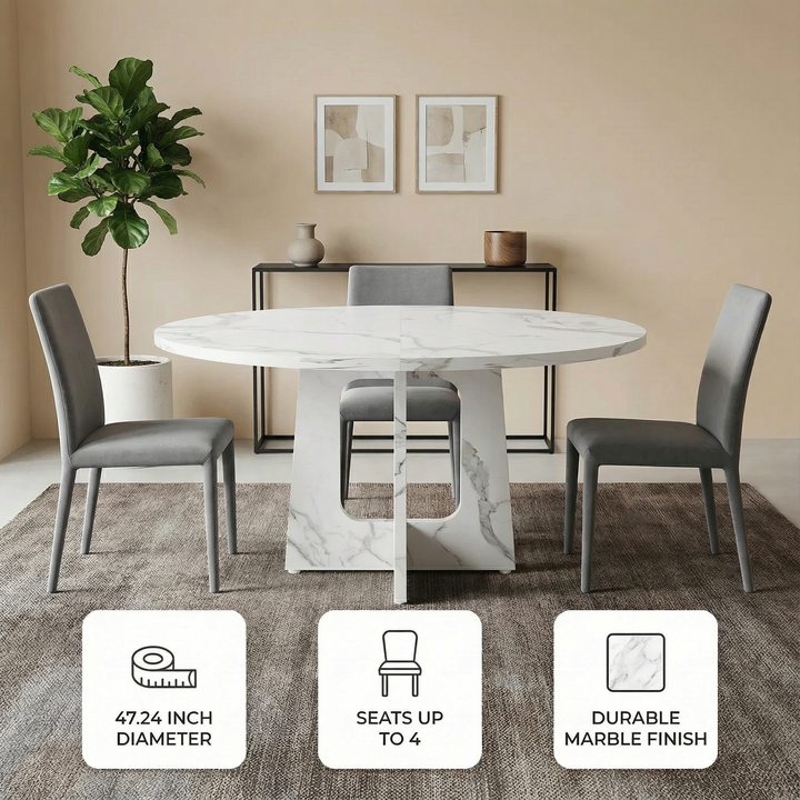 47.24" Round Dining Table for 4 - Farmhouse MDF Table with Marble White Finish, 300lb Capacity, Easy Assembly for Kitchen/Dining Room - Modern Spiced Table