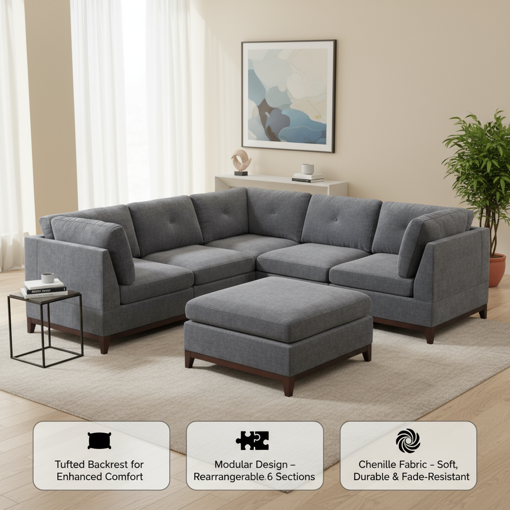 Ash Grey Chenille Modular Sectional 6-Pc Sofa Set with Ottoman | Trufairs