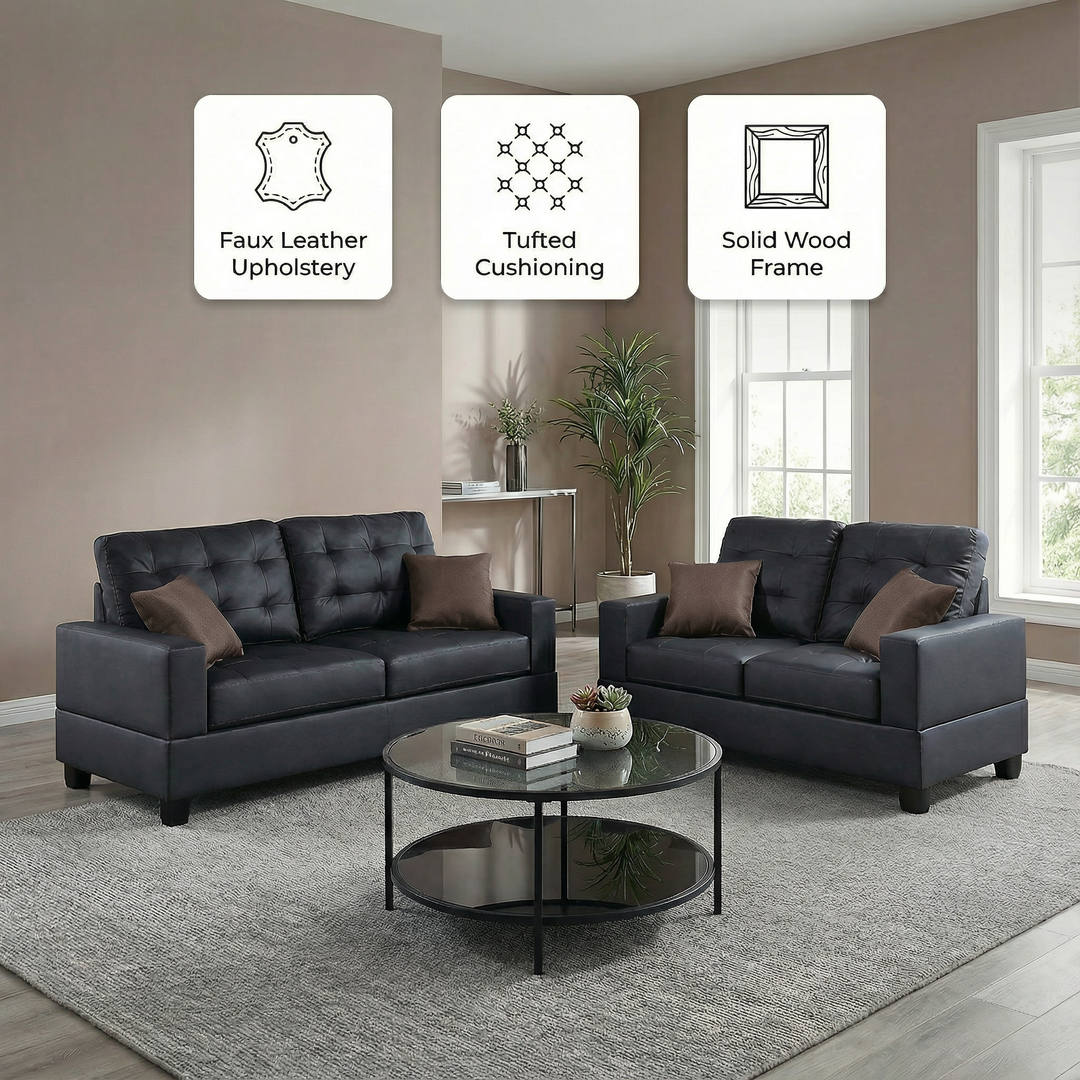 Black Tufted Faux Leather 2-Piece Sofa & Loveseat Set with Pillows | Trufairs