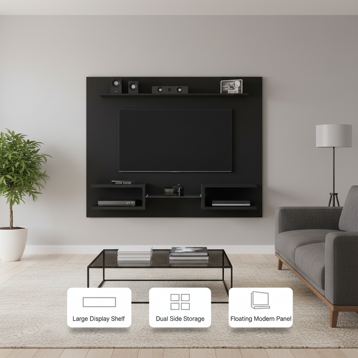 Manhattan Comfort Plaza 64.25 Modern Floating Wall Entertainment Center with Display Shelves in Black
