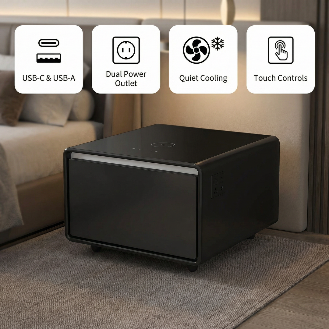 Smart Side Table with Built-in Fridge, Wireless Charging, Power Socket & Human Sensor Light | Trufairs
