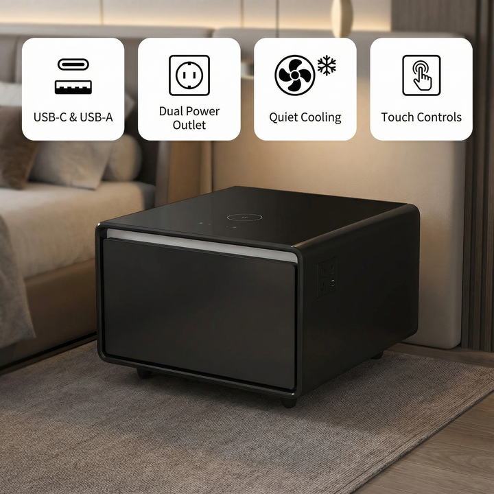 Smart Side Table with Built-in Fridge, Wireless Charging, Power Socket & Human Sensor Light | Trufairs