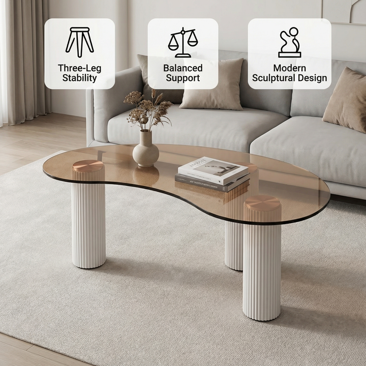 Modern White Coffee Table with Tempered Glass & 3 Legs for Living Room | Trufairs