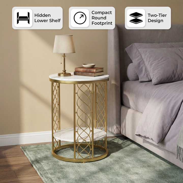 Modern White Round End Table with Storage Marble Side Table Metal in Gold | Trufairs