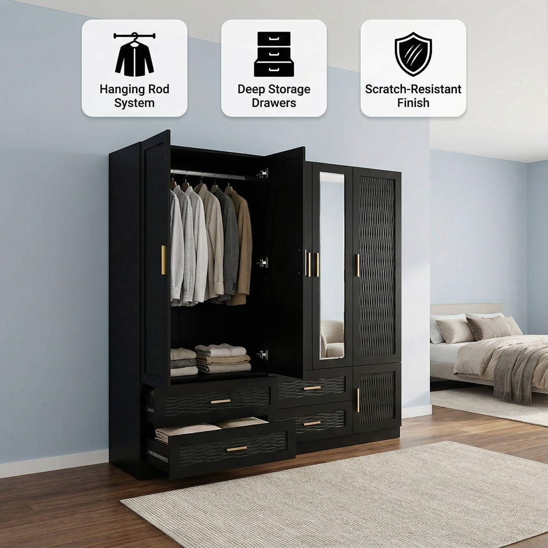 Modern Black Wardrobe – 3 Doors, Hanging Rods & Storage Drawers | Large Capacity Closet Cabinet | Trufairs