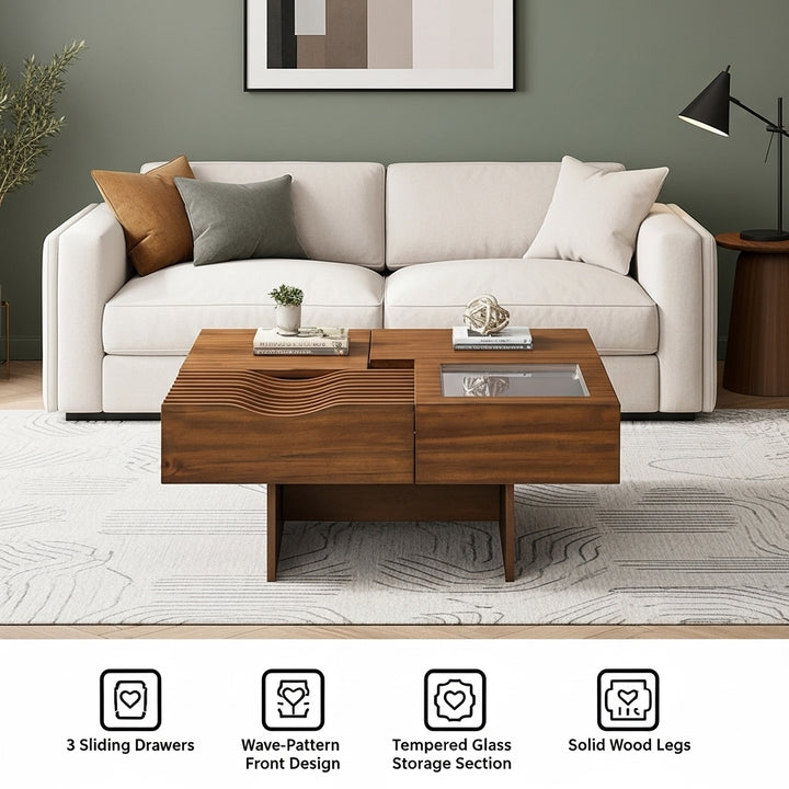 U-Can 33''Mid Century Modern Coffee Table,Unique Square Wooden Coffee Table with 3 Drawers, Tempered glass and Solid Wood Legs for Living Room