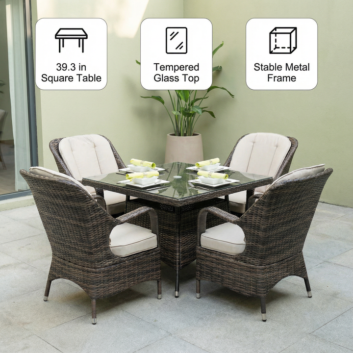 5-Piece Wicker Patio Dining Set – Square Glass Table, Cushions Included | Outdoor Rattan Furniture | Trufairs