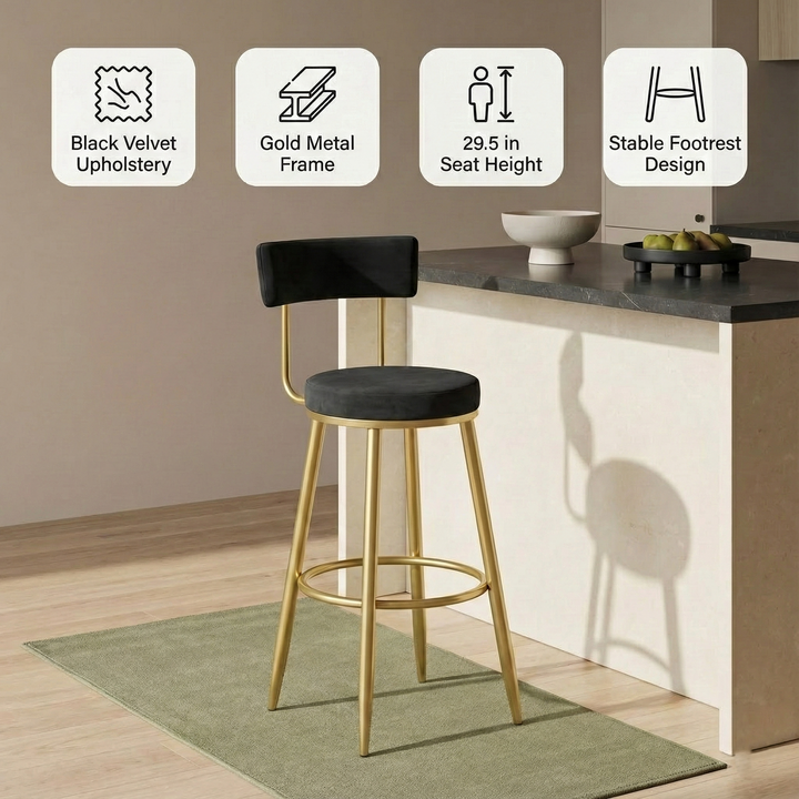 Contemporary Velvet Bar Stool – Plush Upholstered Black Seat | Modern Kitchen Seating | Trufairs
