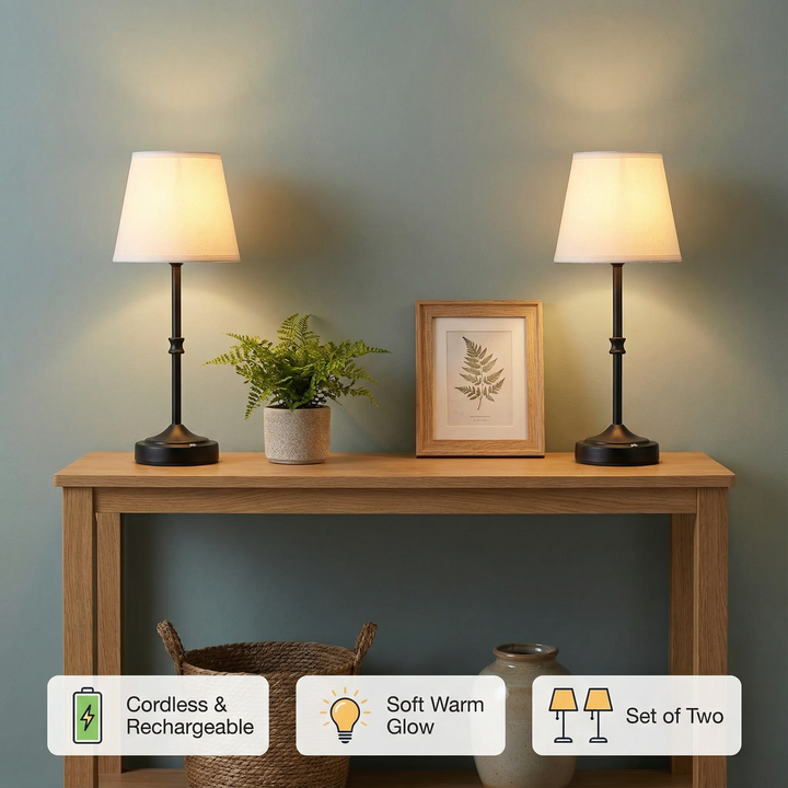 Cordless Table Lamp 2 Pack Rechargeable Battery Desk Lamp Fabric Shade Black