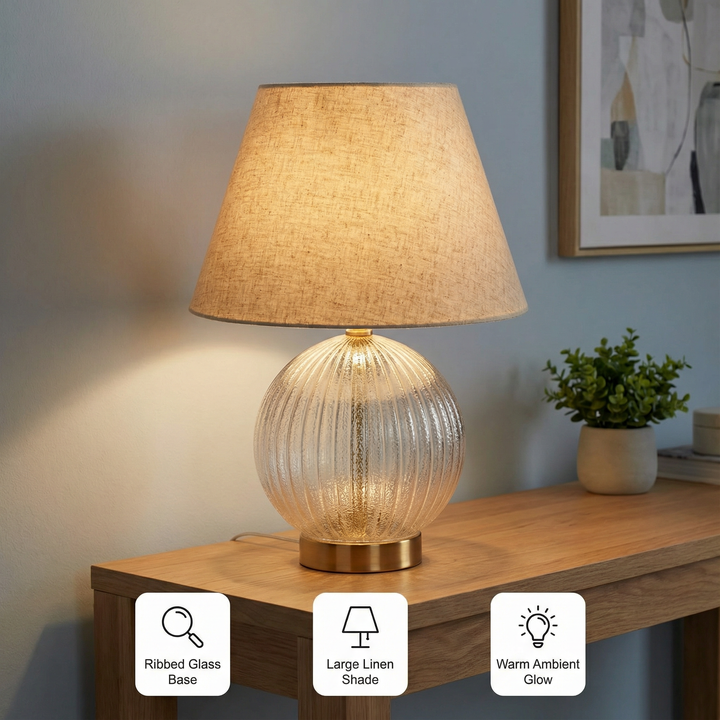 Serenity Round Ribbed Glass Lamp Base Clear Table Lamp Large Linen Shade