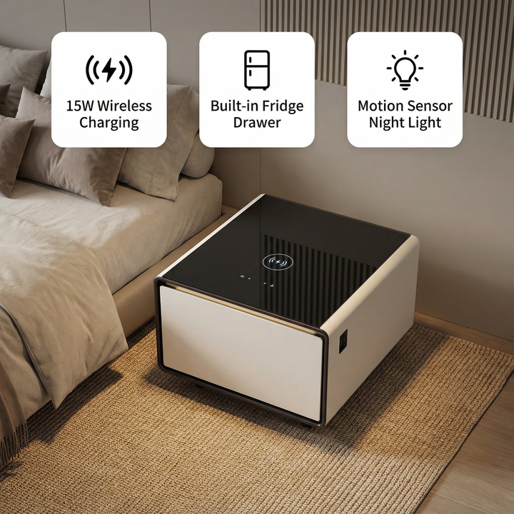 Smart Side Table with Built-in Fridge, Wireless Charging, Power Socket & Human Sensor Light | Trufairs