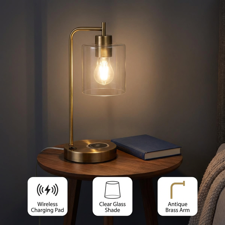 Bourget 16" Antique Brass Table Lamp with Wireless Charging