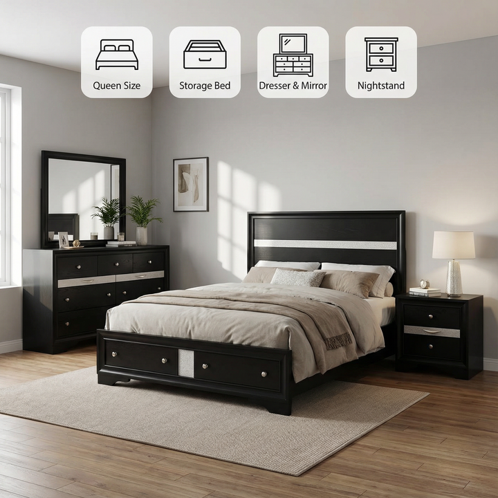 Traditional Matrix Queen 4 PC Storage Bedroom Set in Black made with Wood