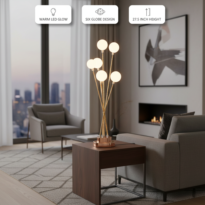 27.5" In 6-Light Acrylic Globe Aluminun Led Chrysanthe Yellow Gold Metal Table Lamp