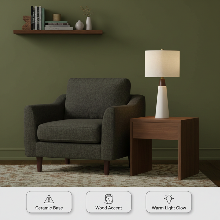 Triangular Ceramic and Wood Table Lamp