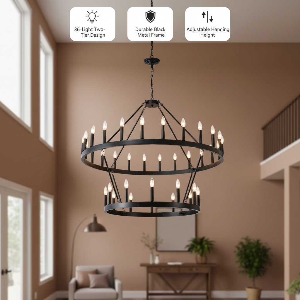 2 Tiers Wagon Wheel Chandelier Wooden Farmhouse 36-Light(24+12) or (12+24 ), Black Metal Chandeliers 2-Story Light Fixtures Industrial for High Ceiling Living Dining Room Foyer. Adjustable Height