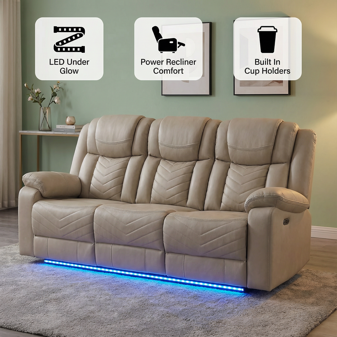 Challenger LED Power Recliner Sofa with Cup Holders & USB Ports | Trufairs