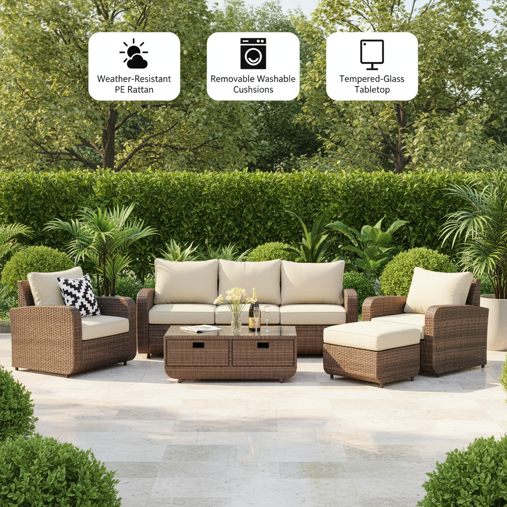Direct Wicker 5-Piece Outdoor Rattan Furniture Patio Conversation Set with Cushion