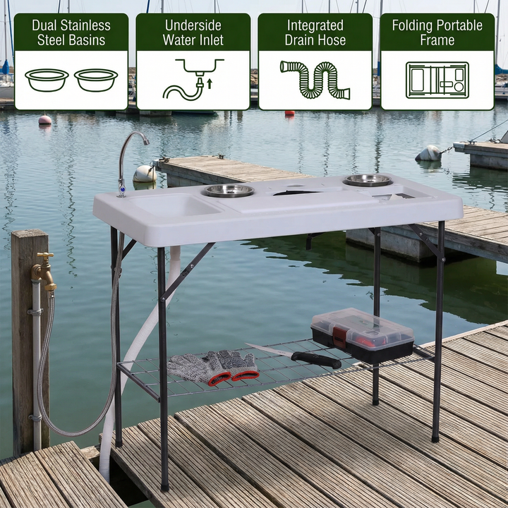 Outsunny 50" Folding Camping Table with Sink & Faucet – Portable Outdoor Table for Fish Cleaning & Prep | Trufairs