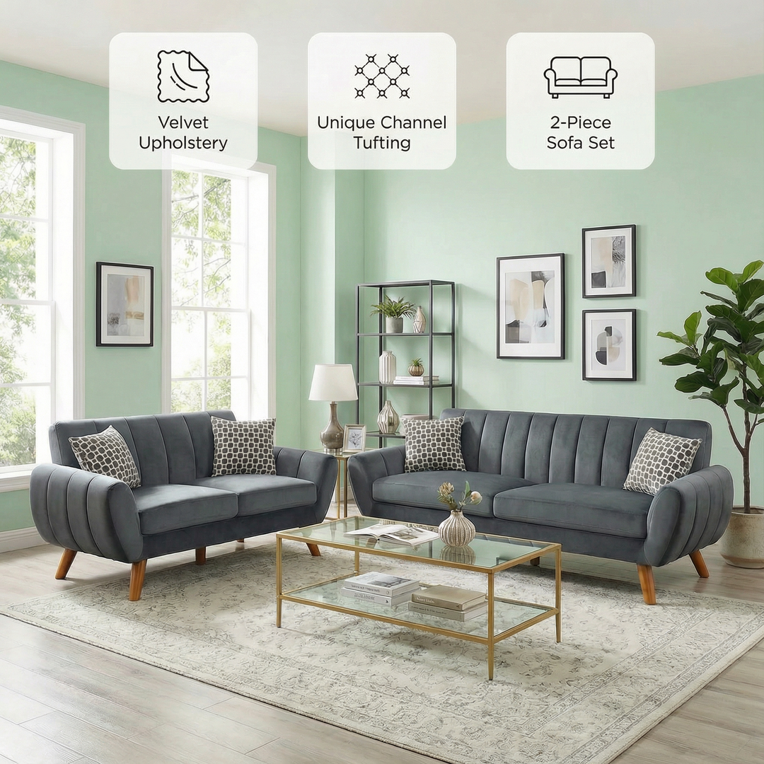 Dark Gray Velvet 2-Piece Sofa & Loveseat Set with Plush Cushions | Trufairs