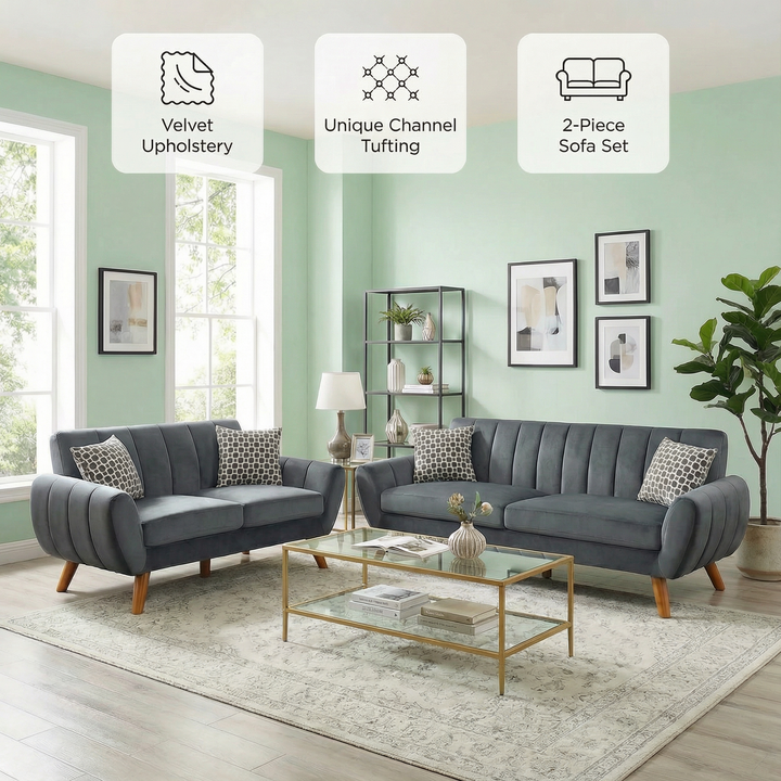 Dark Gray Velvet 2-Piece Sofa & Loveseat Set with Plush Cushions | Trufairs