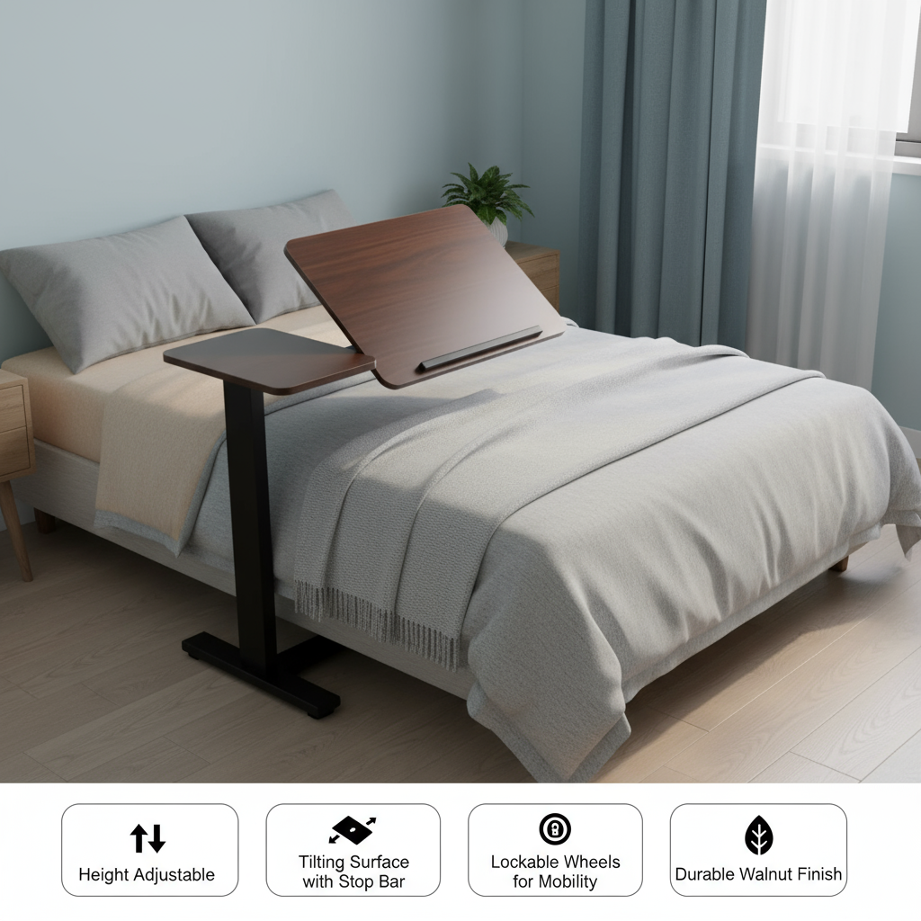 Adjustable Overbed Laptop Table – Height Adjustable Rolling Bedside Desk with Tilting Top | Trufairs