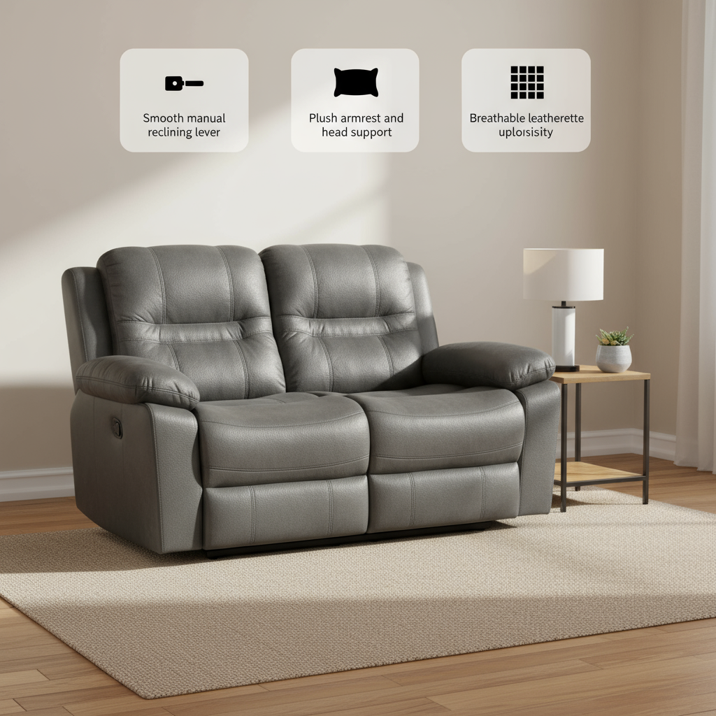 Contemporary Slate Blue Motion Loveseat in Breathable Leatherette | Trufairs