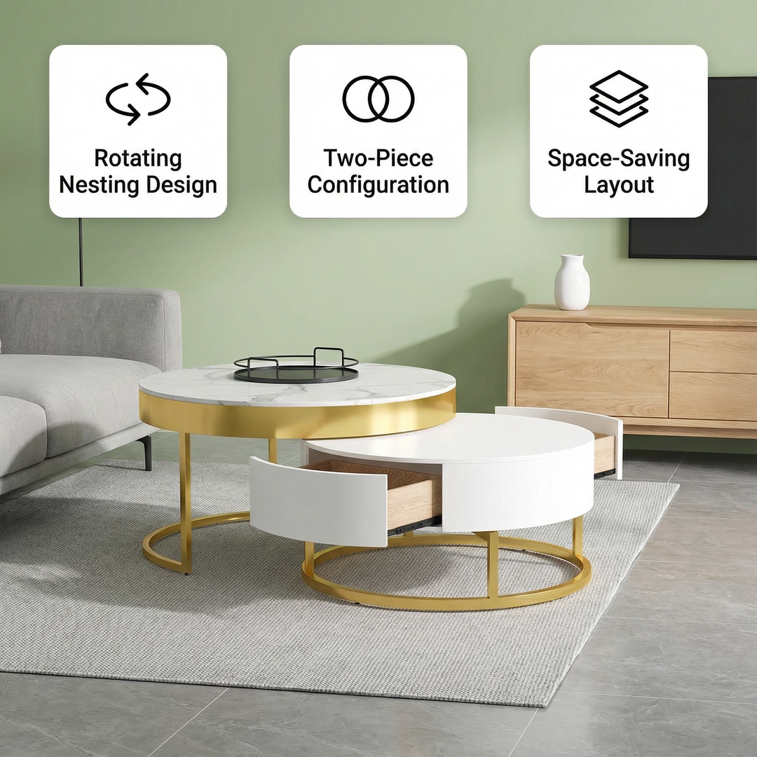 Modern White Sintered Stone Nesting Coffee Table with Drawers – Space Saving Living Room Table | Trufairs