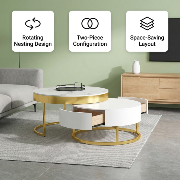 Modern White Sintered Stone Nesting Coffee Table with Drawers – Space Saving Living Room Table | Trufairs