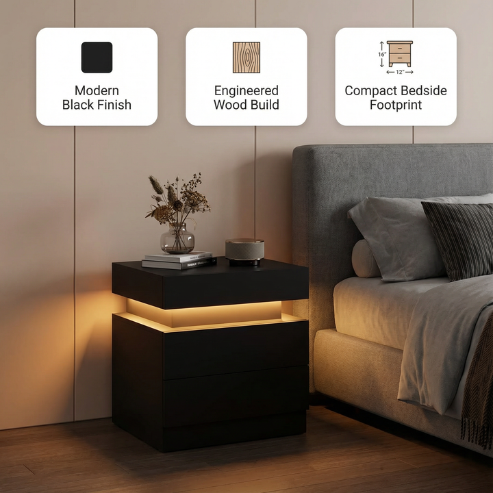 Modern Wood Black Nightstand for Bedroom with LED Light & 2 Drawers | Trufairs
