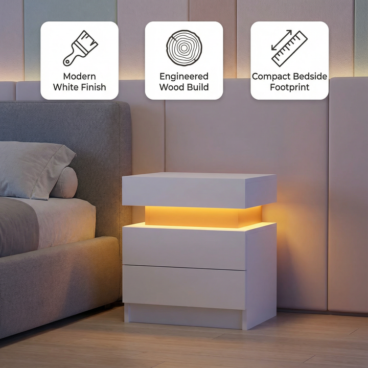 Modern White Nightstand with LED Light, 2 Drawers & Flipping Top Storage | Trufairs