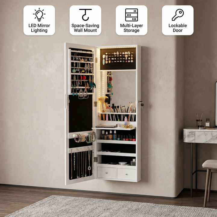 Wall-Mounted LED Jewelry Storage Cabinet – 3 Shelves, Drawers & Brush Holders | Lighted Makeup Organizer | Trufairs