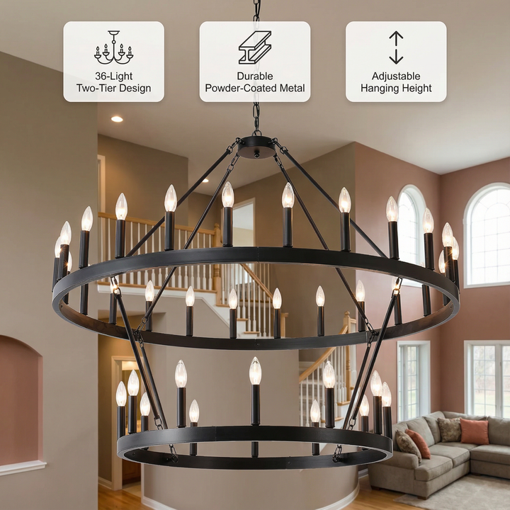 2 Tiers Wagon Wheel Chandelier Wooden Farmhouse 36-Light(24+12) or (12+24 ), Black Metal Chandeliers 2-Story Light Fixtures Industrial for High Ceiling Living Dining Room Foyer. Adjustable Height