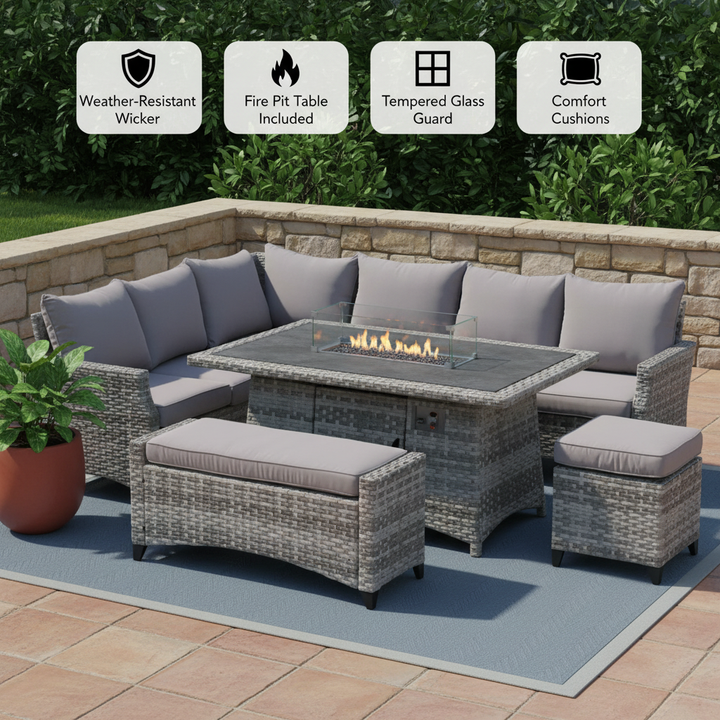 Modern Outdoor Wicker Sofa Set – Fire Pit Table & Ottoman | Patio Conversation | Trufairs