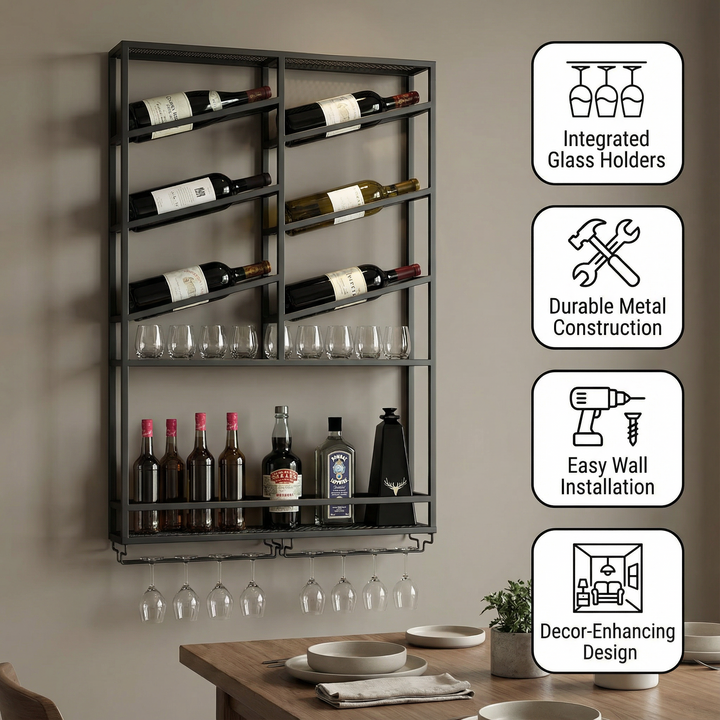 Industrial Wall Mounted Wine Rack with Bottle Rack – Black Wine Storage Organizer | Trufairs