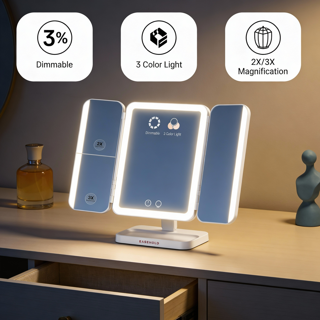 Tri-Fold Lighted Makeup Mirror with 5000mAh Rechargeable Battery & 1X/2X/3X Magnification | Trufairs