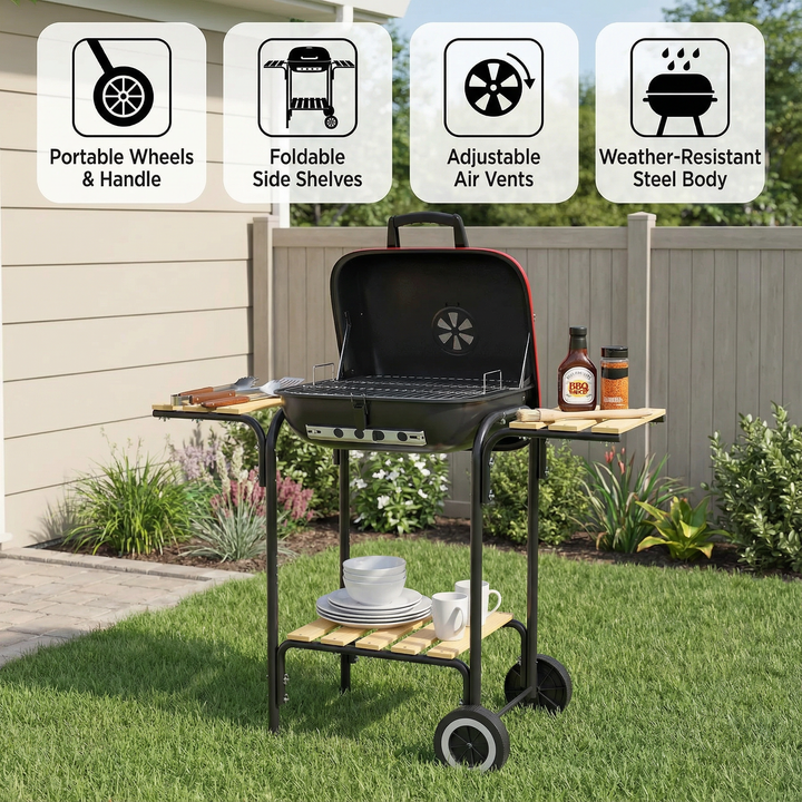 Ultimate Outdoor Portable Charcoal Grill – Wheels, Vents & Shelves | BBQ Picnic Cooker | Trufairs