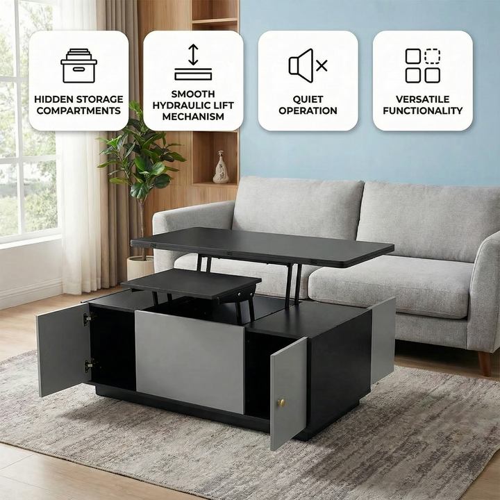 Modern Gray Multi-Functional Rectangle Lift-Top Coffee Table with Storage & Extendable Design | Trufairs