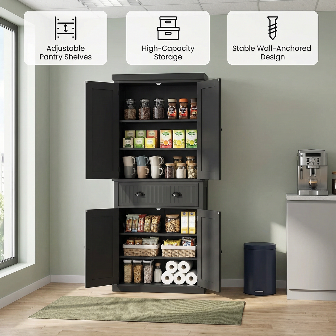 Freestanding 72″ Kitchen Pantry Storage Cabinet with 4 Doors & Adjustable Shelves – Black Tall Cupboard Organizer | Trufairs