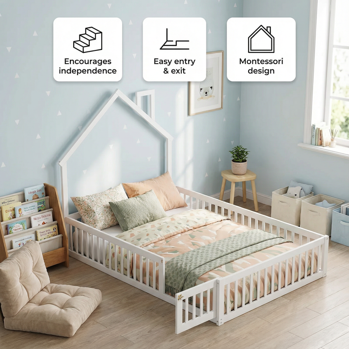 Wood Full Size House Platform Bed with Guardrail in White | Trufairs