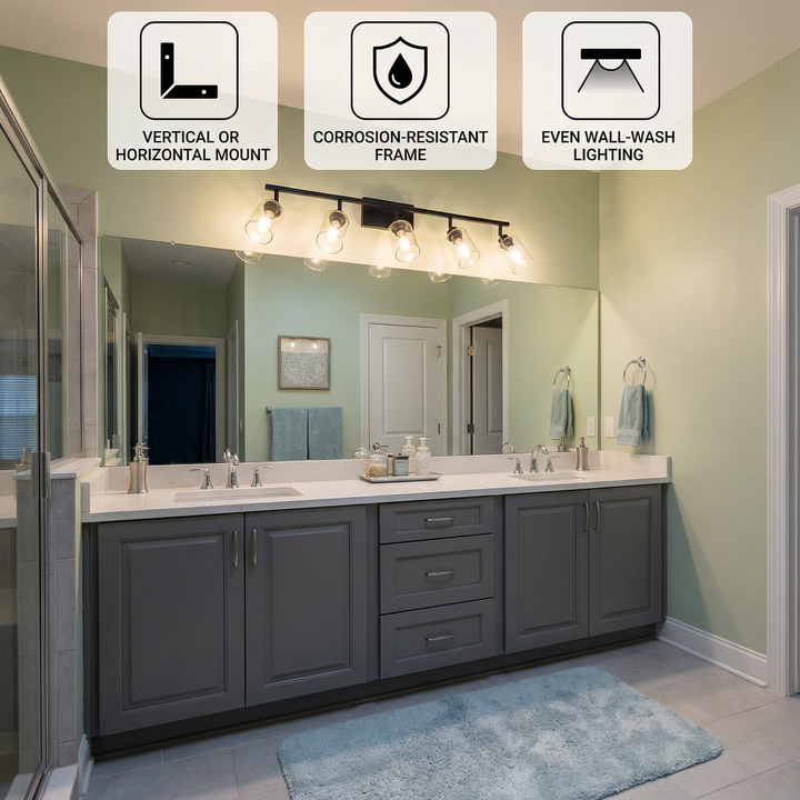 Modern 5-Light Bathroom Vanity Light with Clear Glass Shades – Adjustable Multi-Directional Track Fixture | Trufairs