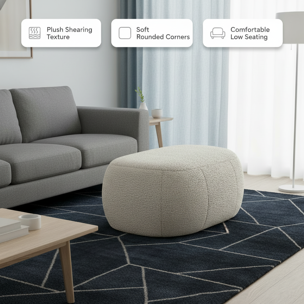 Jaxx Ellis Ottoman Shearling Faux-Lamb Plush Pouf for Modern Interior Design, Oval, Smoke