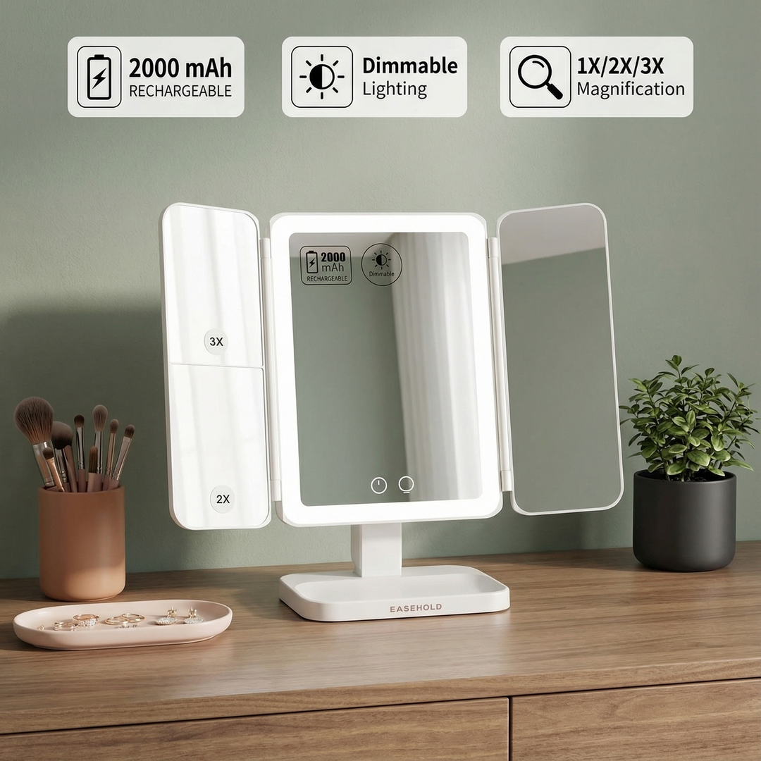 Tri-Fold Lighted Makeup Mirror with 1X/2X/3X Magnification & 64 LED Lights – Rechargeable Vanity Mirror for Dressing Table | Trufairs